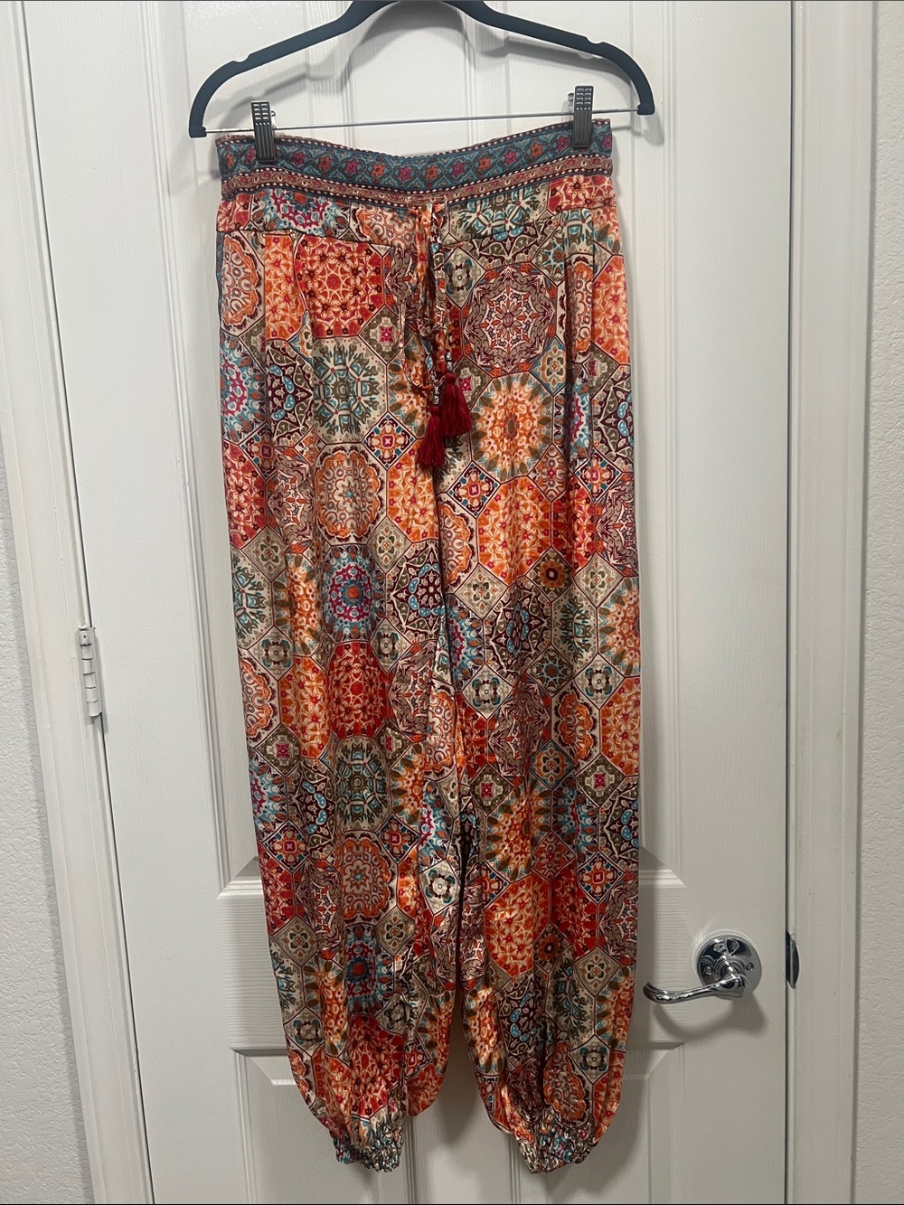 Bohemian Wide-Leg Drawstring Pants - Red Multi